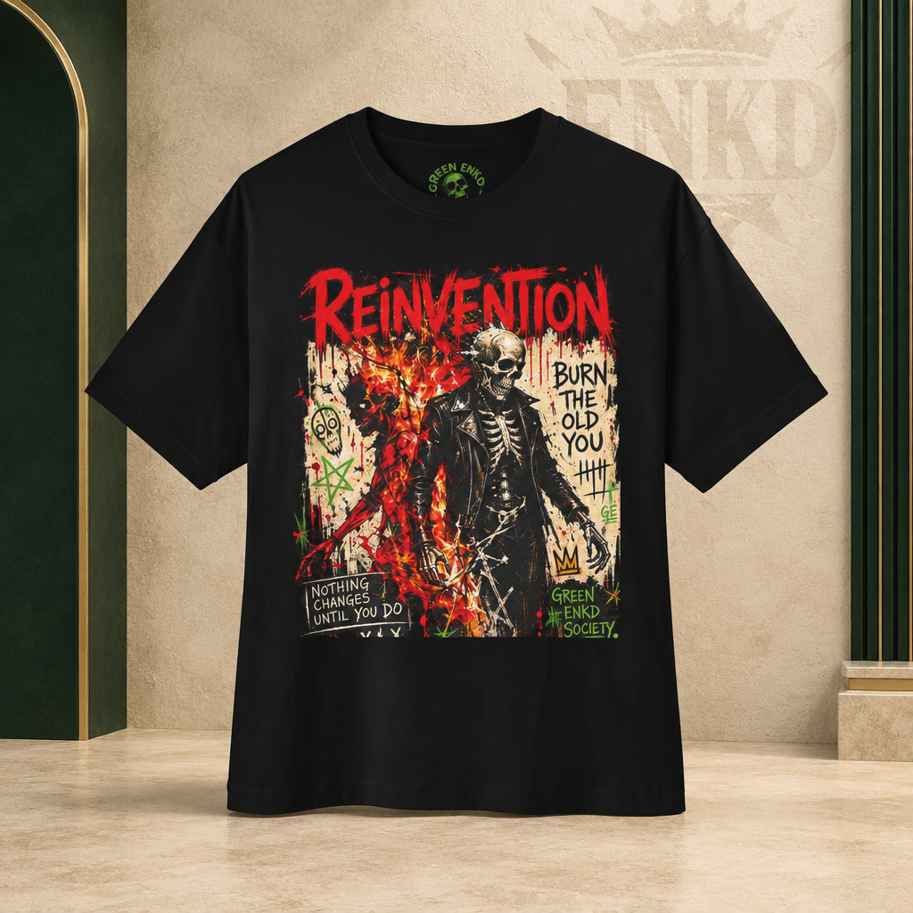 Reinvention Burn the Old You Tee โ Green ENKD Society editorial product image