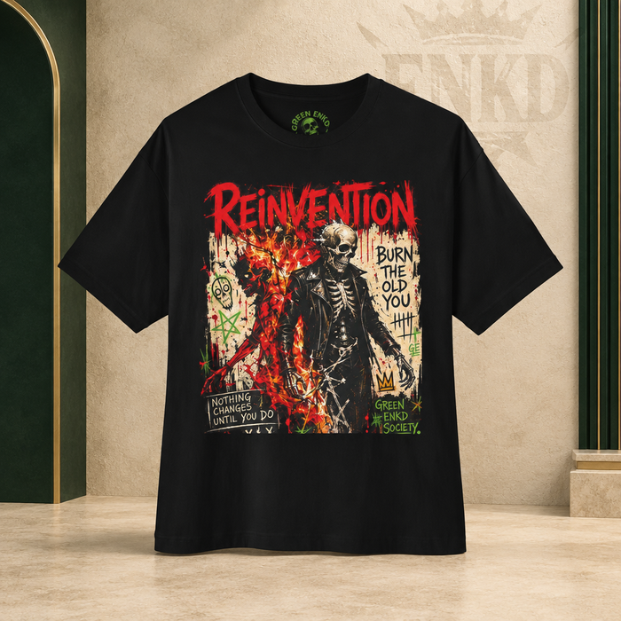 Reinvention Burn the Old You Tee โ Green ENKD Society editorial product image